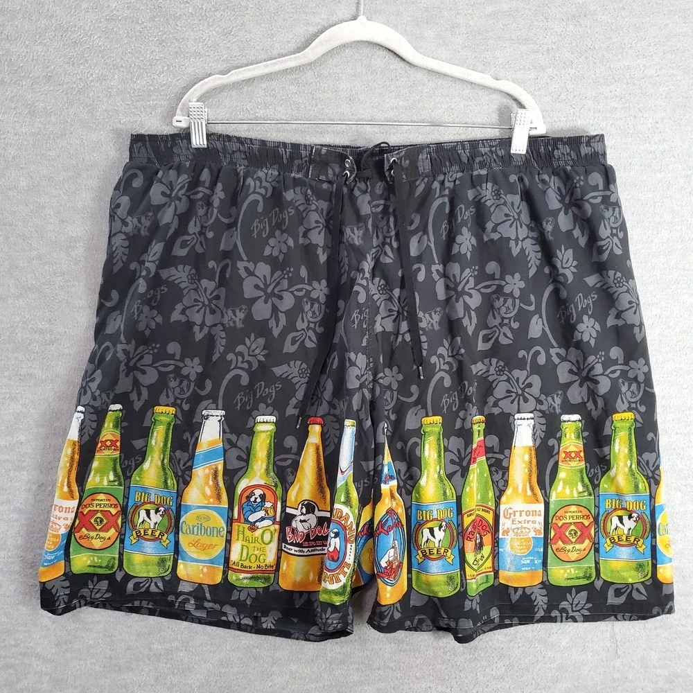 Big Dogs Men Swimwear 42 Black Trunks Floral Beer Graphic Hawaiian Pockets READ